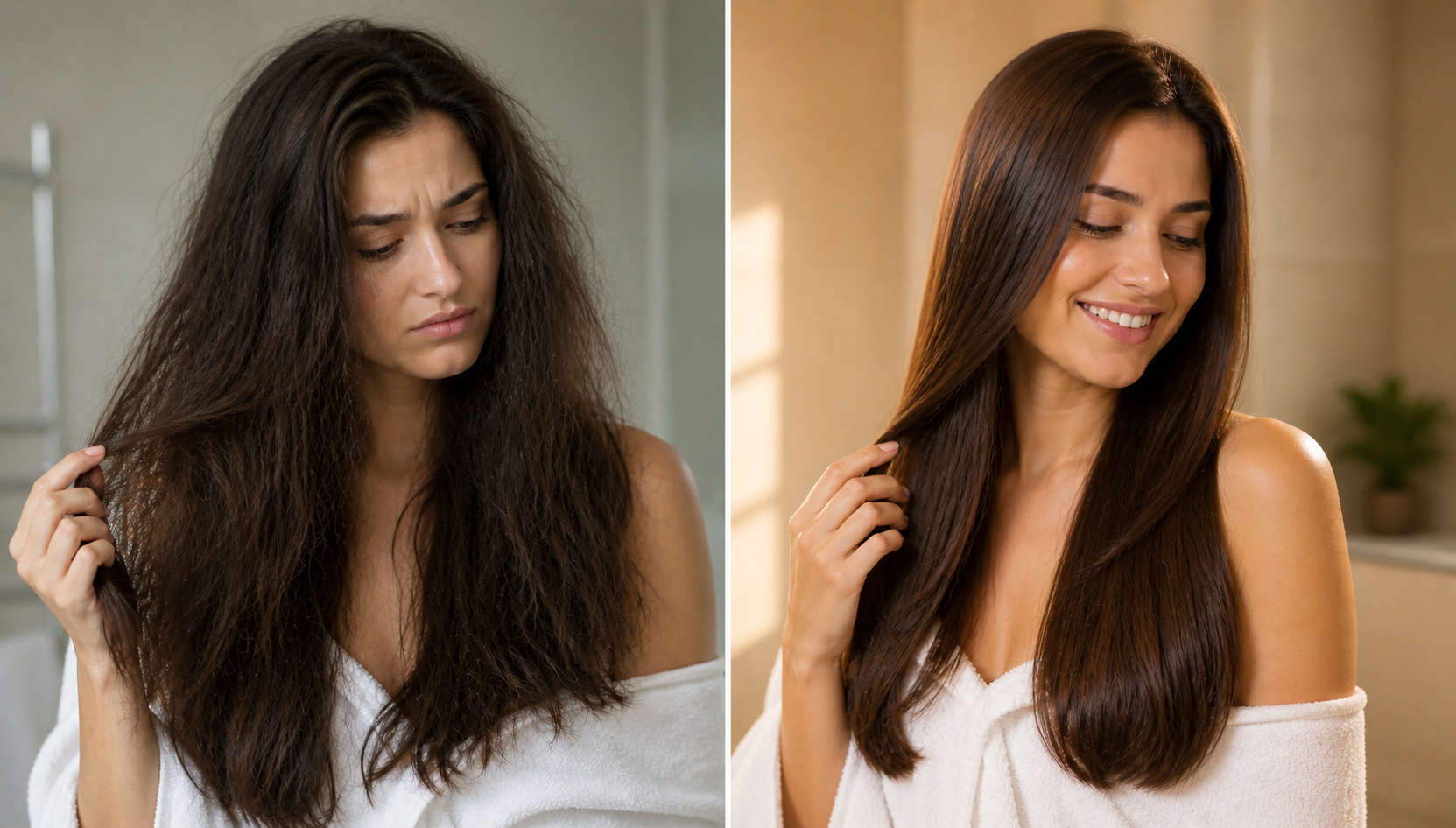 Antes y después del cabello con agua filtrada